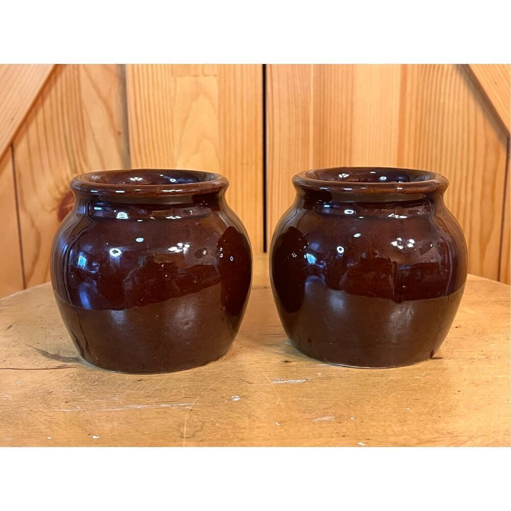 Vintage USA Pottery Small Bean Pots Brown lot of 2 (6872)